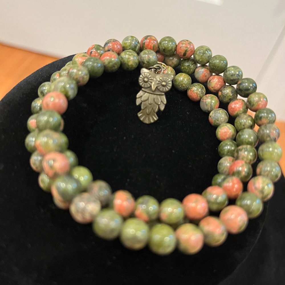 Green and Pink Beaded Bracelet with Owl Charm
